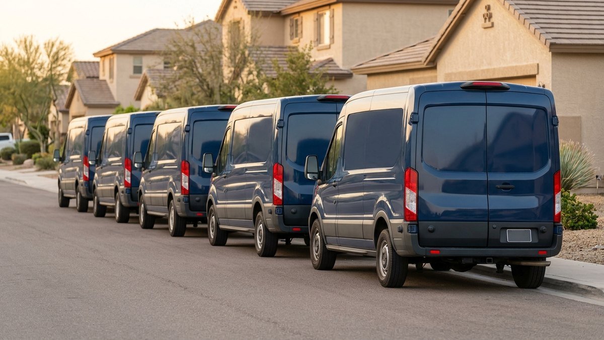 Row of plain navy service vans parked on an Arizona residential street at sunset