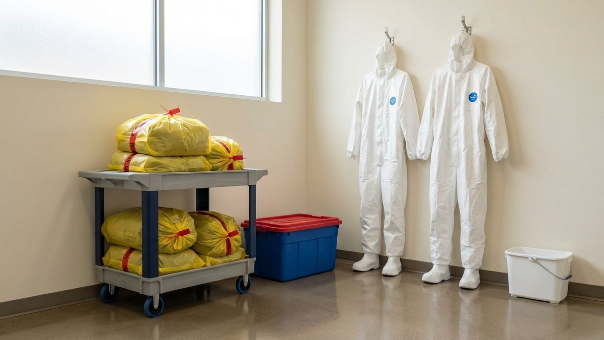 Yellow sealed bags on a cart beside protective suits in a cleanup staging room