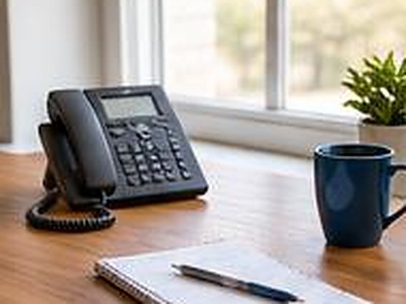 Desk phone, notepad and coffee cup in soft morning light