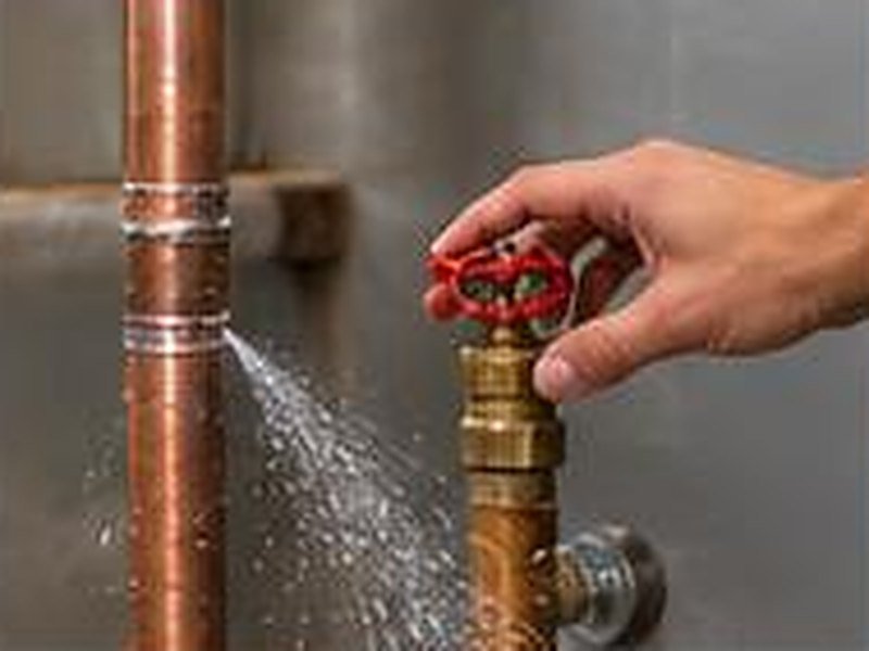 Copper pipe spraying water while a hand reaches for the shutoff valve