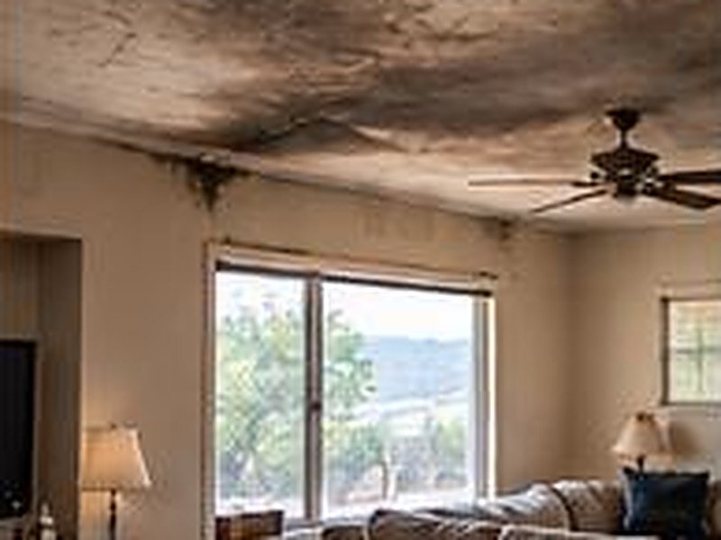 Living room ceiling with smoke staining and light from a window