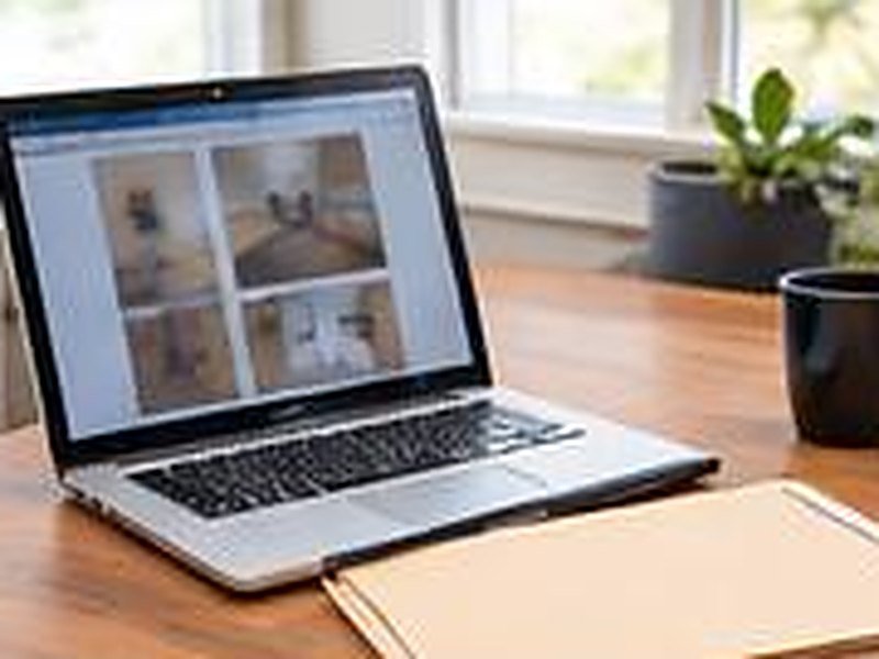 Laptop showing damage photos beside a claim folder
