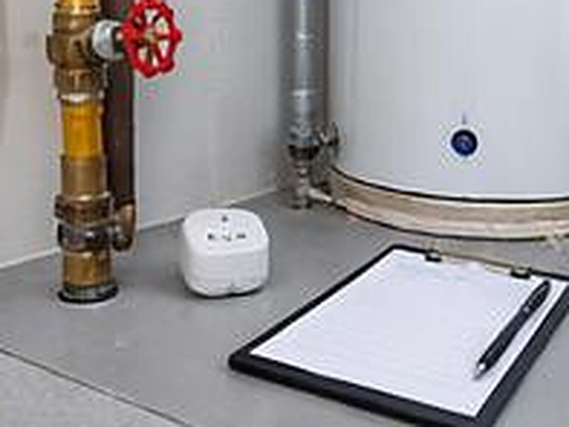 Water shutoff valve, leak sensor and clipboard in a utility room