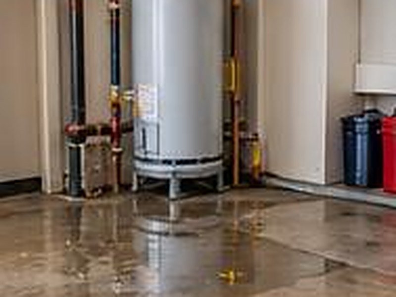 Water pooling on a garage floor around a water heater