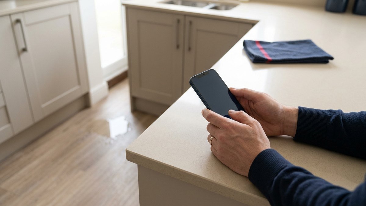 Homeowner holding a phone in a kitchen with water on the floor