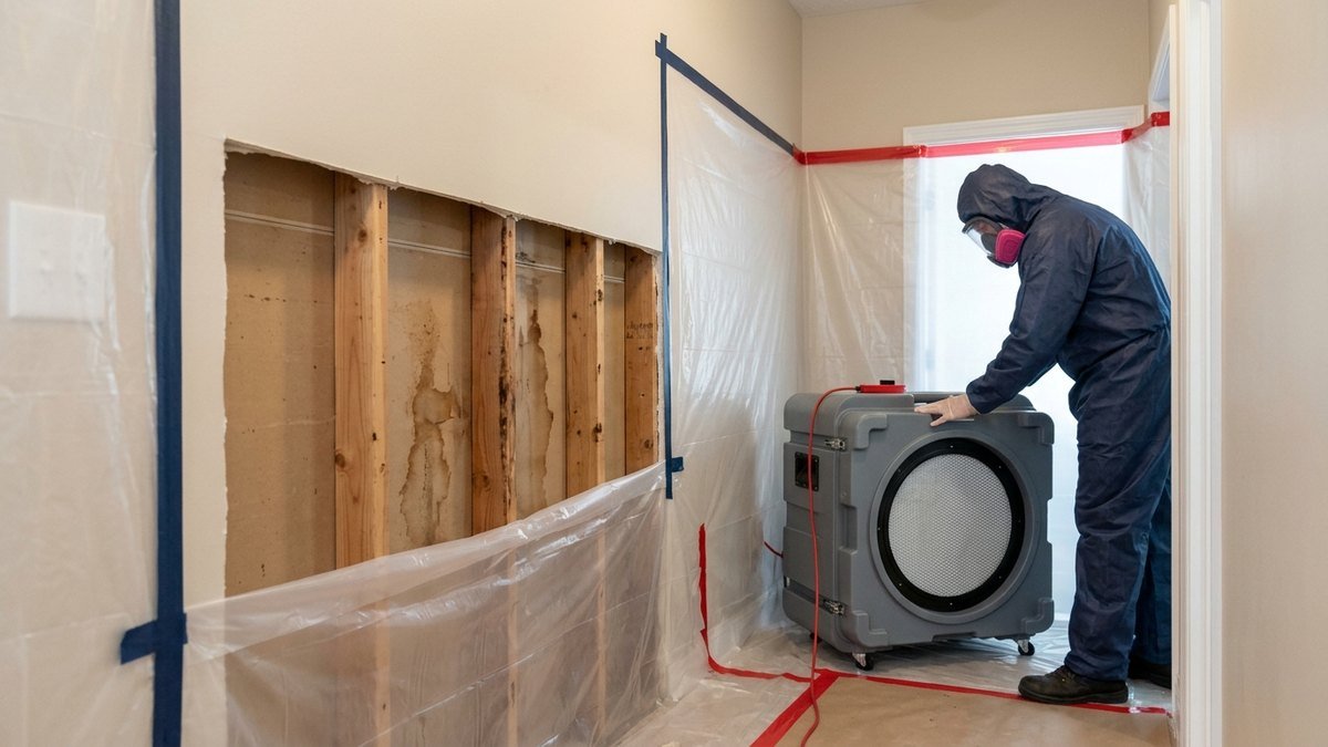 Wall section opened for inspection inside plastic containment with an air scrubber