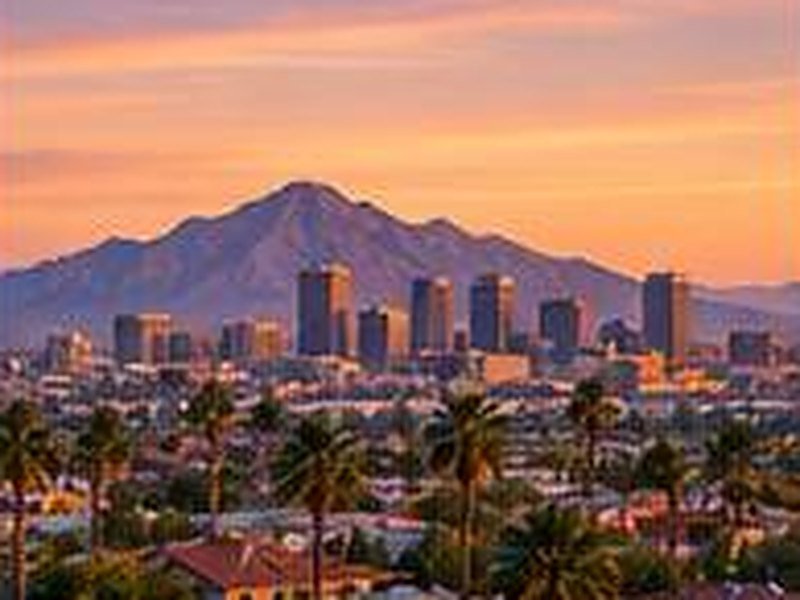 Phoenix skyline and mountains at sunset with palm trees