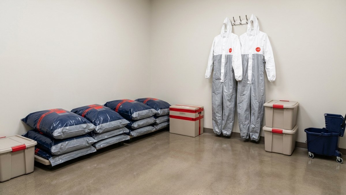 Protective suits and sealed bags staged in a controlled cleanup area