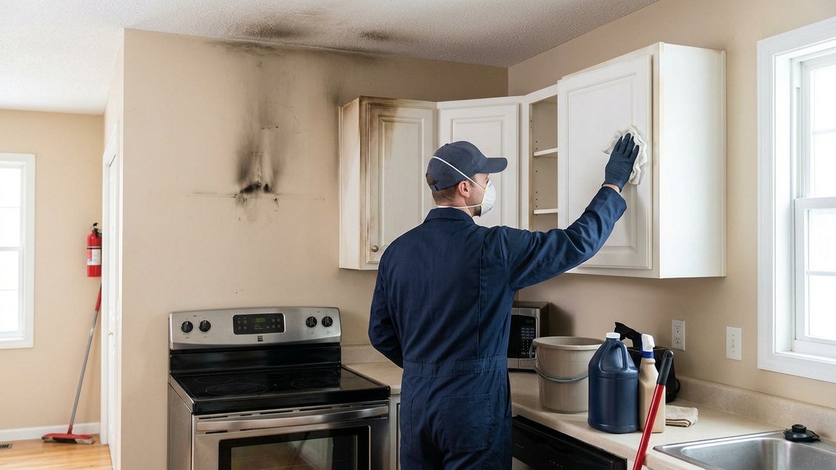 Technician wiping soot from kitchen cabinets after a fire