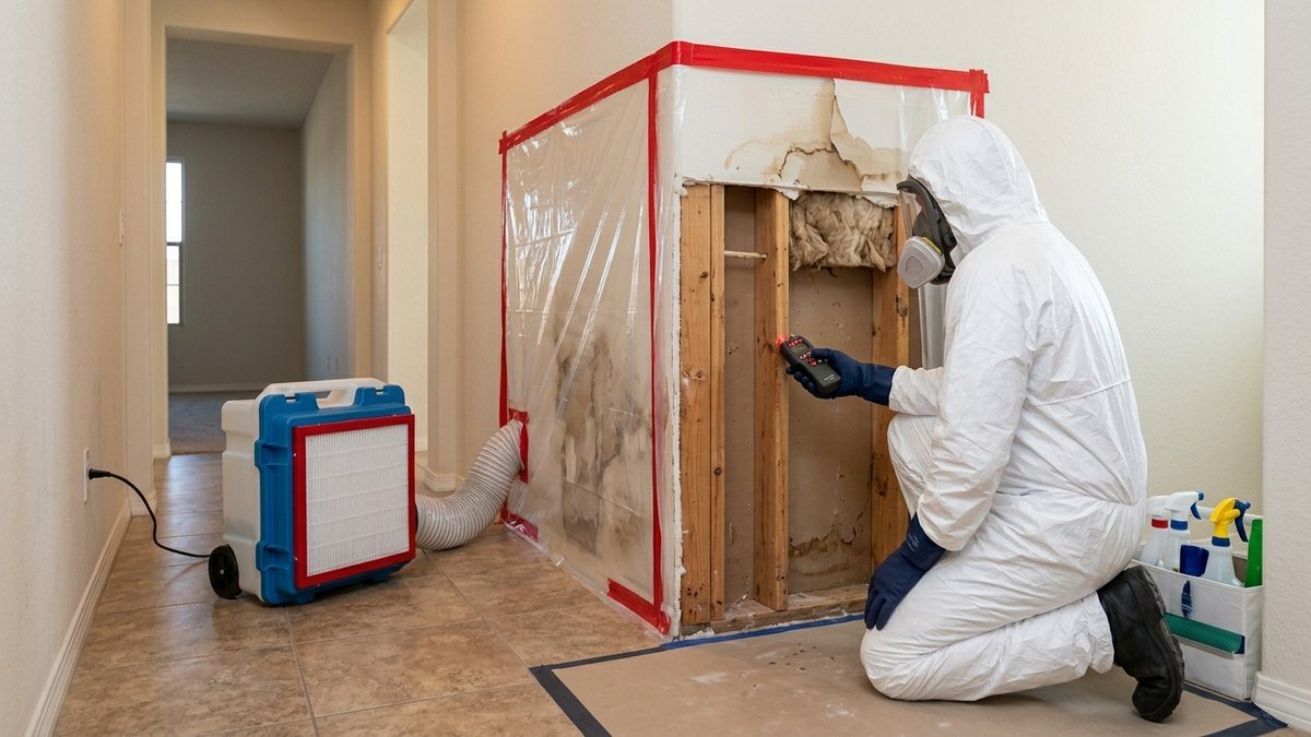 Technician in protective suit and respirator checking moisture inside a mold containment area with an air scrubber