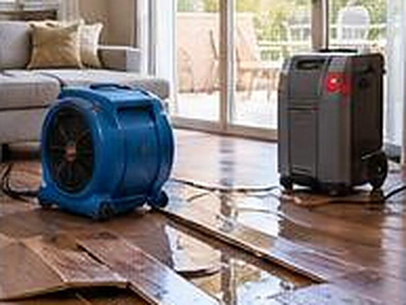 Air movers and a dehumidifier drying a wet living room floor